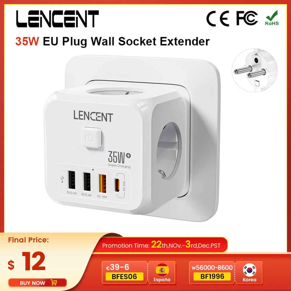 LENCENT EU Plug Power Strip Wall Socket with 3 AC+3 USB QC 18W +1 Type C PD 35W Fast Charger Adapter 7-in-1 Socket On/Off Switch