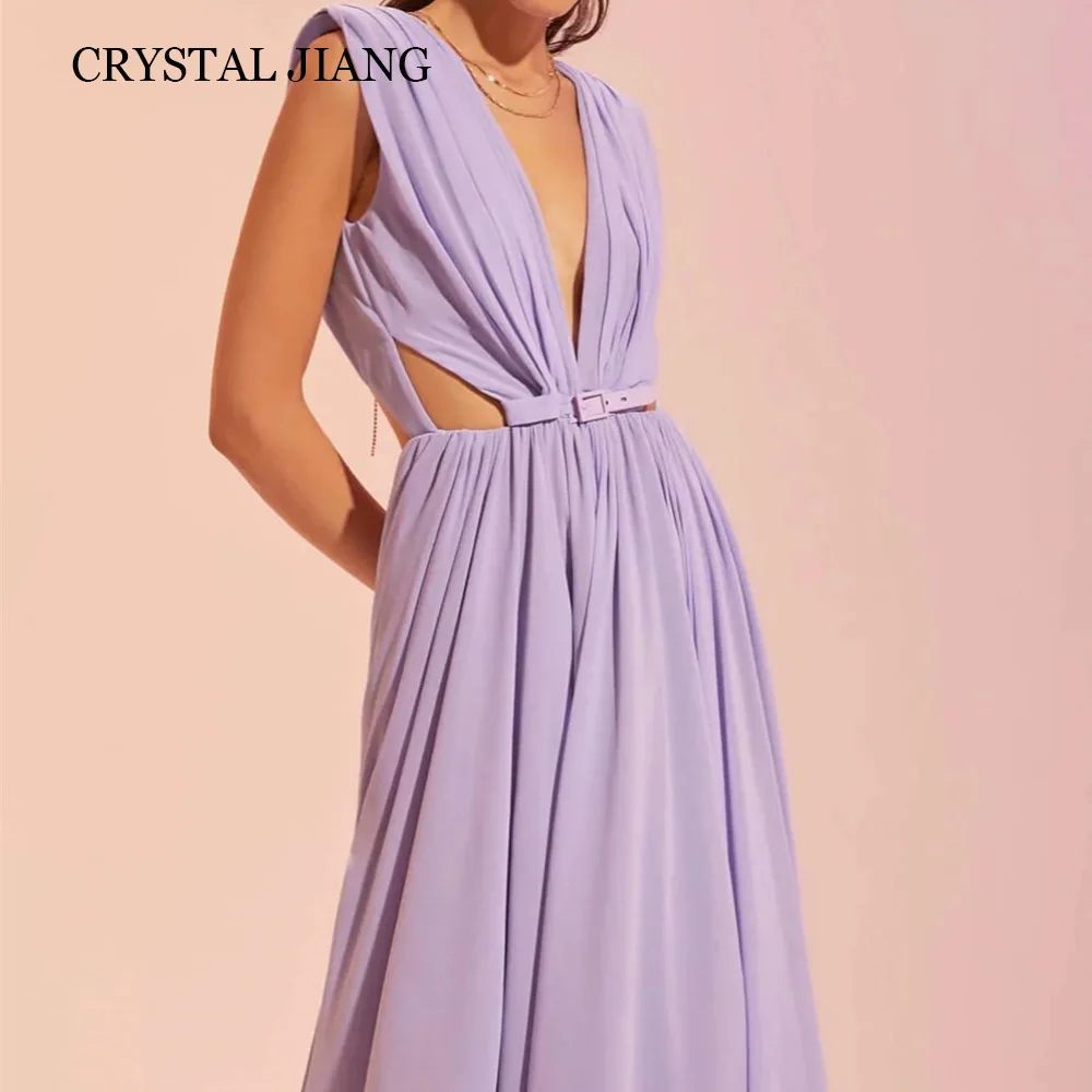 

Classy Long Purple V Neck Chiffon Prom Dresses Sleeveless Open Back A Line Floor Length Vestidos Para Eventos Especiales