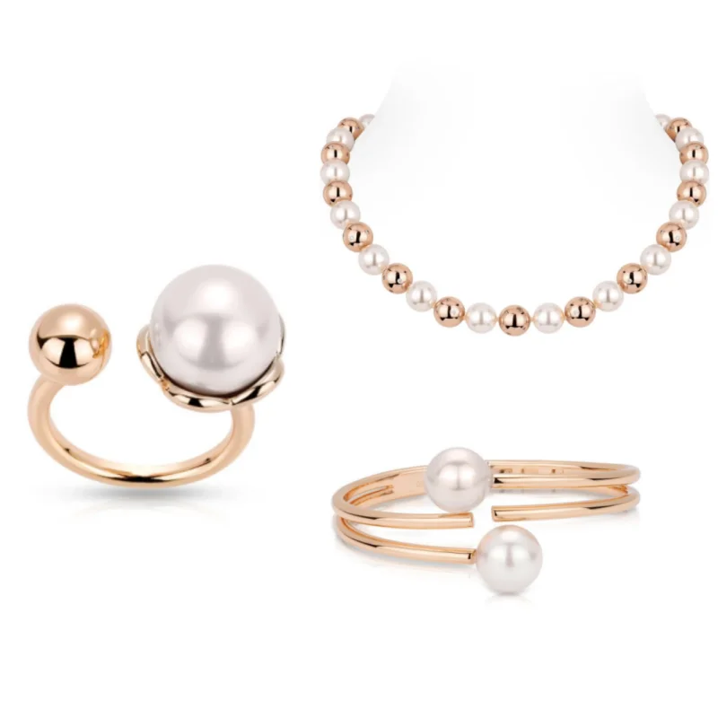 

BELLUX 925 Silver Gold Plated Synthetic Zircon Pearl Ring Bracelet Necklace Women's Fashion Jewelry Minimalist Design