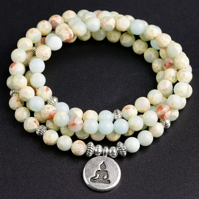 Natural 6MM Imperial stone 108 Mala Beaded Bracelet Women Calm Lotus Buddha Tree Charm Yoga Meditation Men Jewelry  Gift