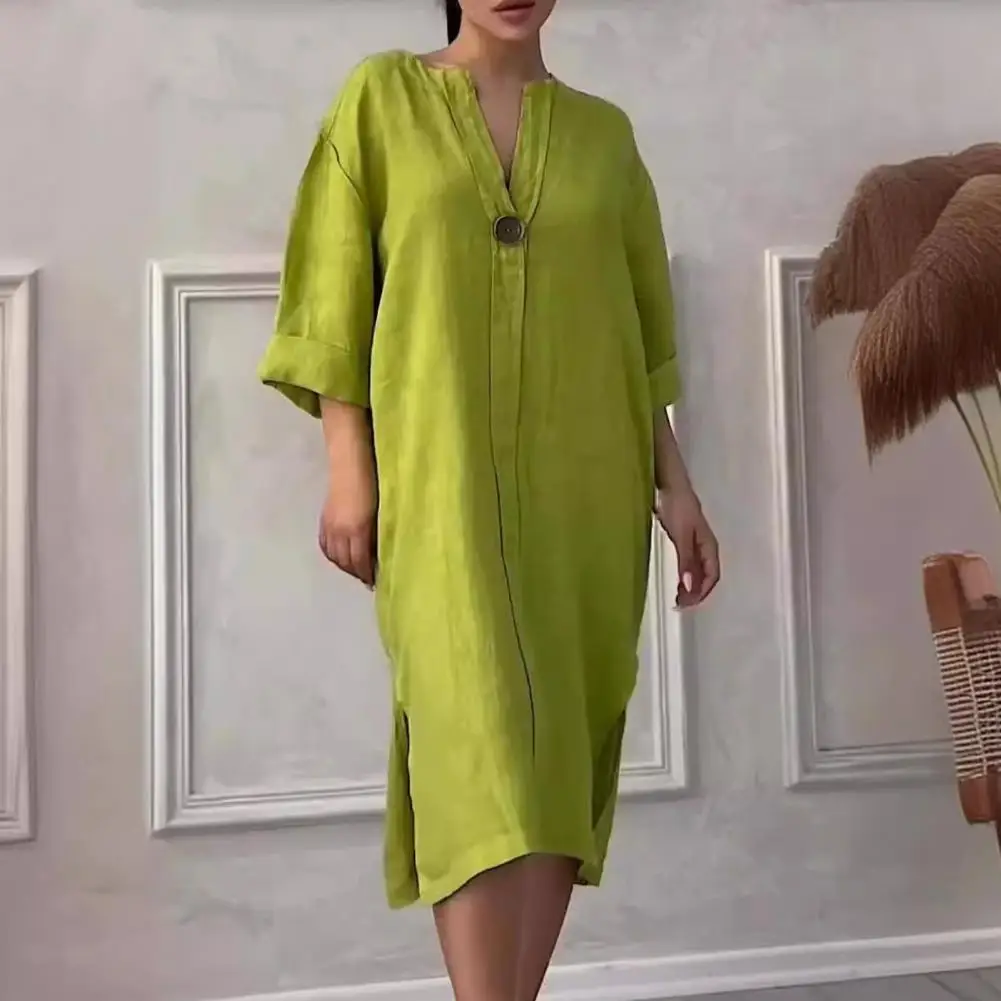 

Long Sleeve Midi Dress Stylish V Neck Midi Dress for Women Chic Side Split Loose Fit Pure Color Long Sleeves Wear for Summer