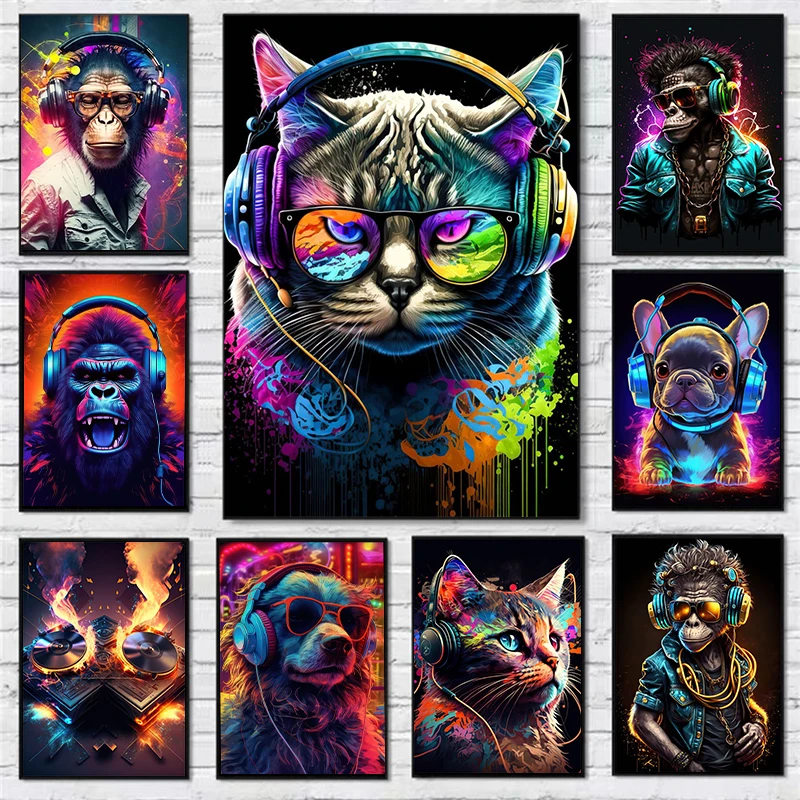 Orangutan Cat Dog Wearing Headphones Colorful Animal Pictures DJ Music Poster Graffiti Canvas Painting Wall Art Home Room Decor