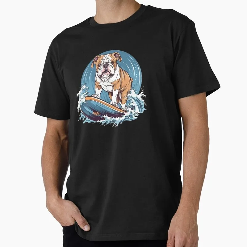 Cute Bulldog Surfing Print Graphic T-shirt Unisex Cotton Short Sleeve Tee Funny Gift for Dog Lovers & Pet Owner