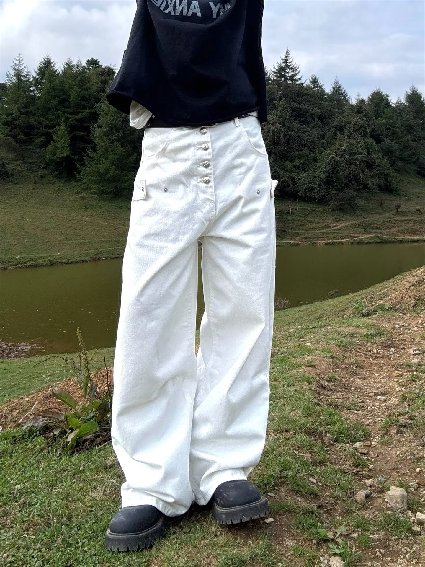 

Мужские прямые джинсы с пятью пуговицами, однотонные, черные/белые, повседневные, со средней посадкой, широкие джинсовые брюки А-силуэта, длинные штаны