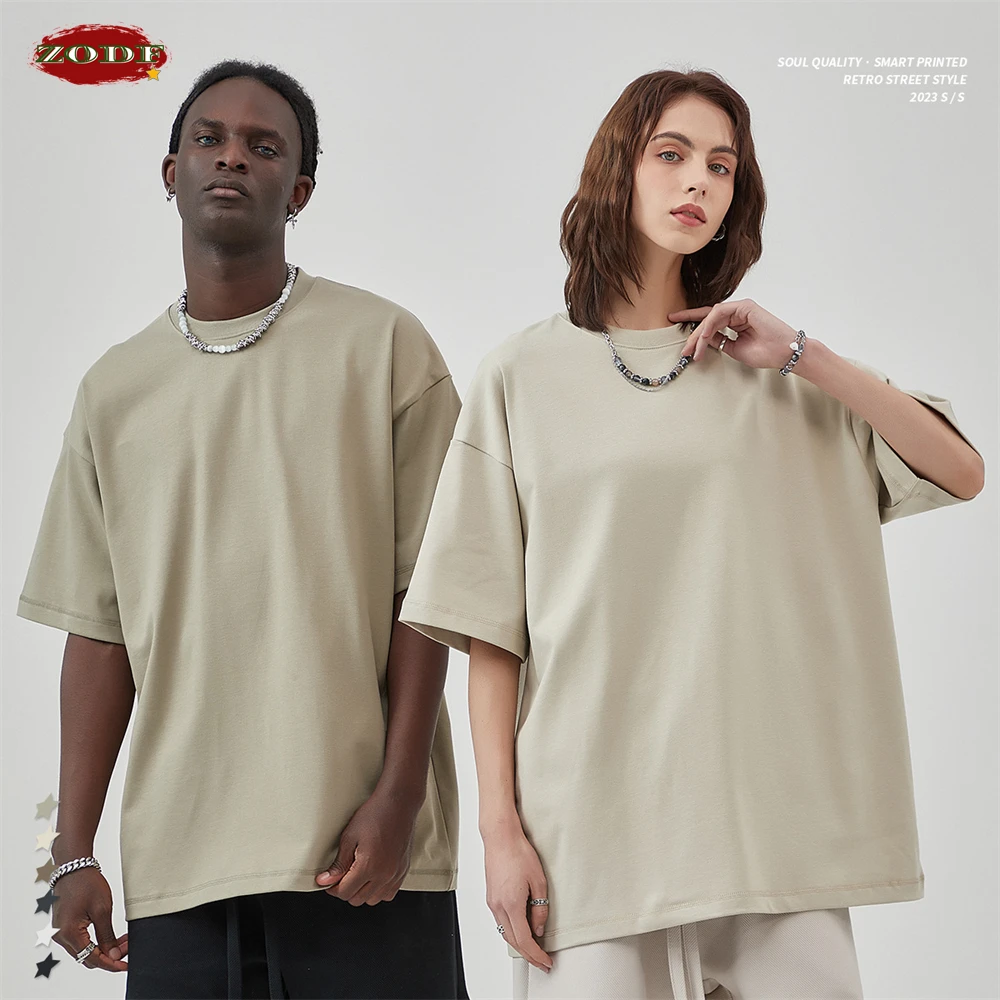 ZODF New 2024 Heavy Weight Summer Solid T Shirts For Men Unisex High Street Oversized 385gsm Cotton T-Shirt Streetwears HY0497