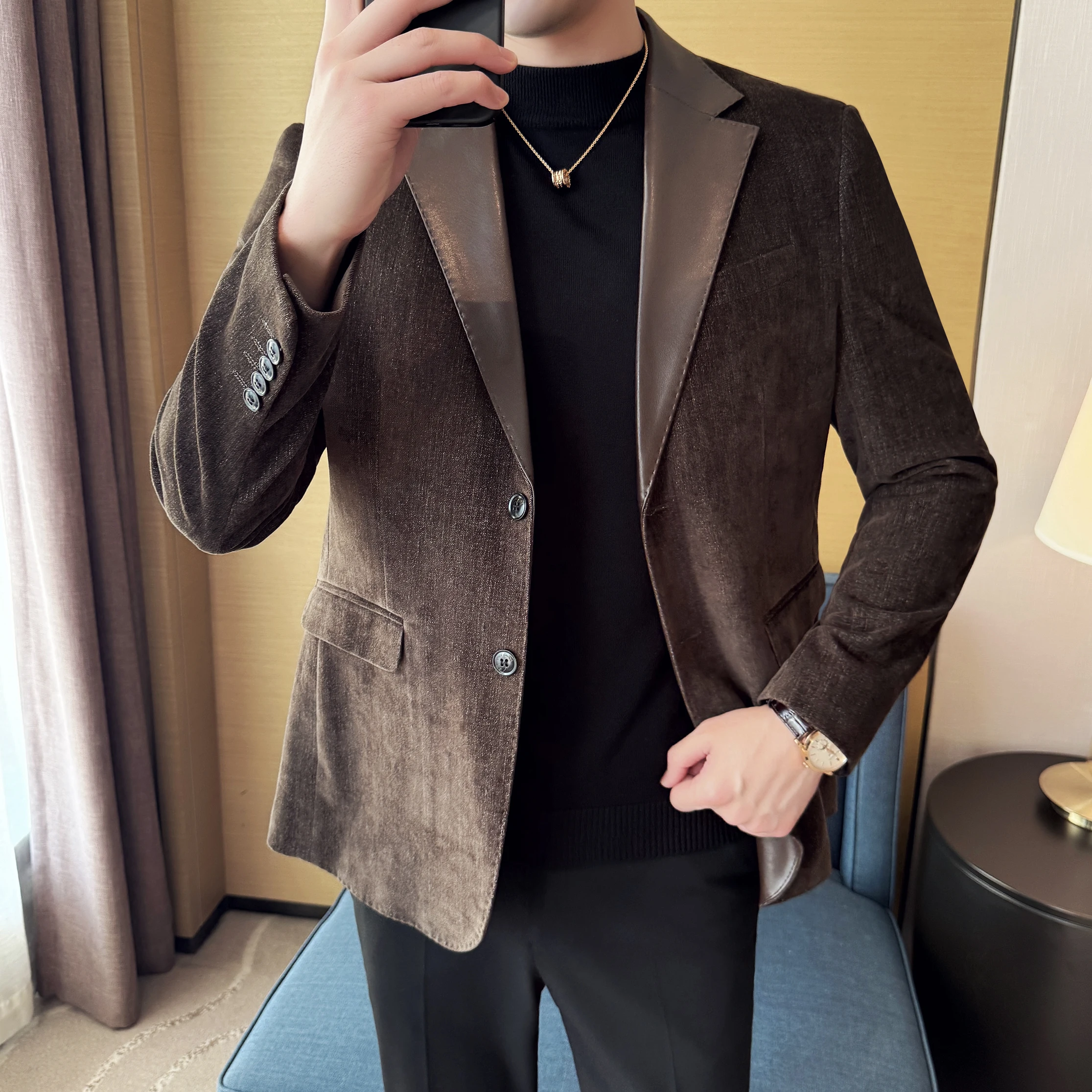 Lyocell PU Splicing Men's Suit Jacket Korean Slim Fit Fashion Casual Suit Jacket Business Social Banquet Party Blazer Masculino