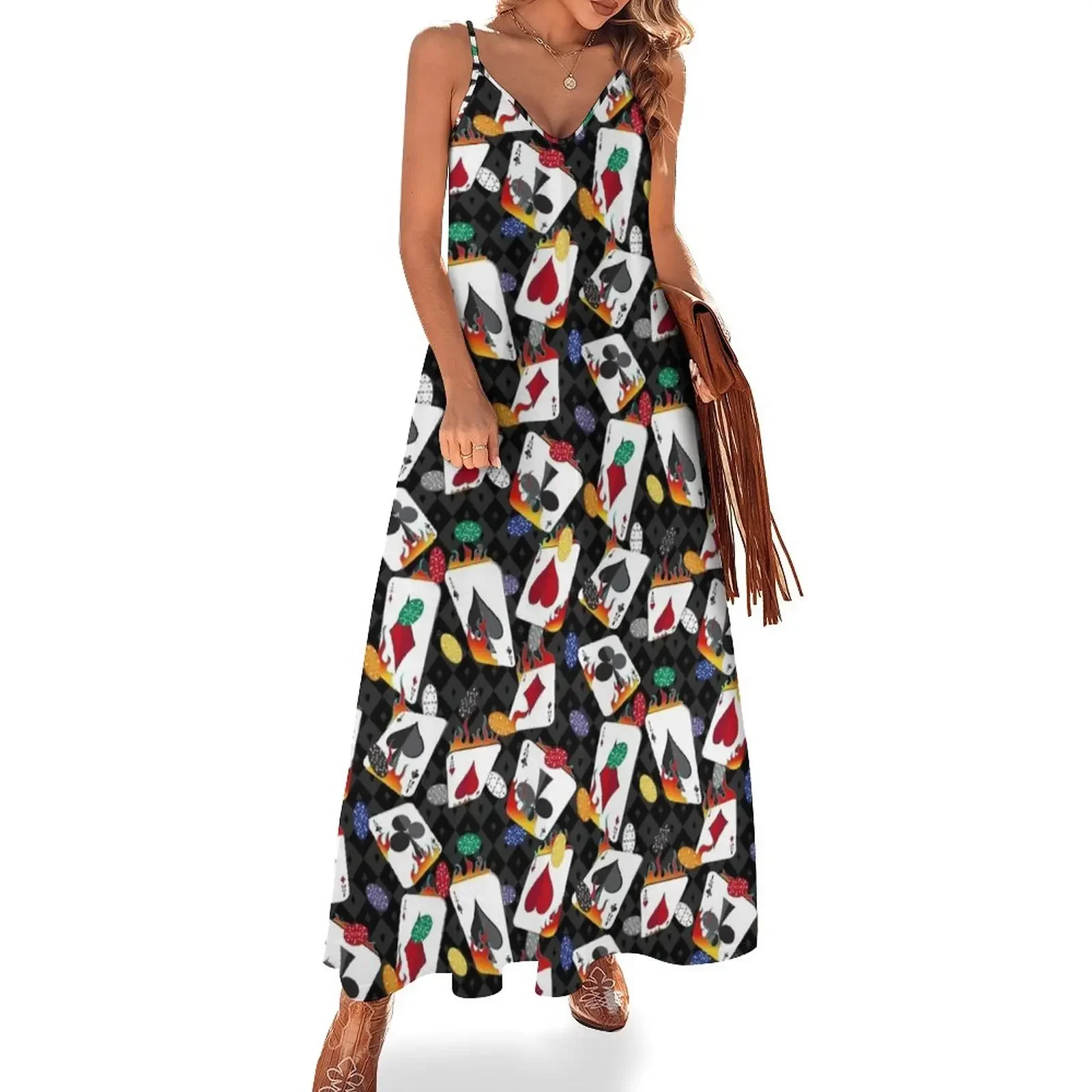 

Flaming Lucky Playing Cards Sleeveless Dress Women's summer suit Dress