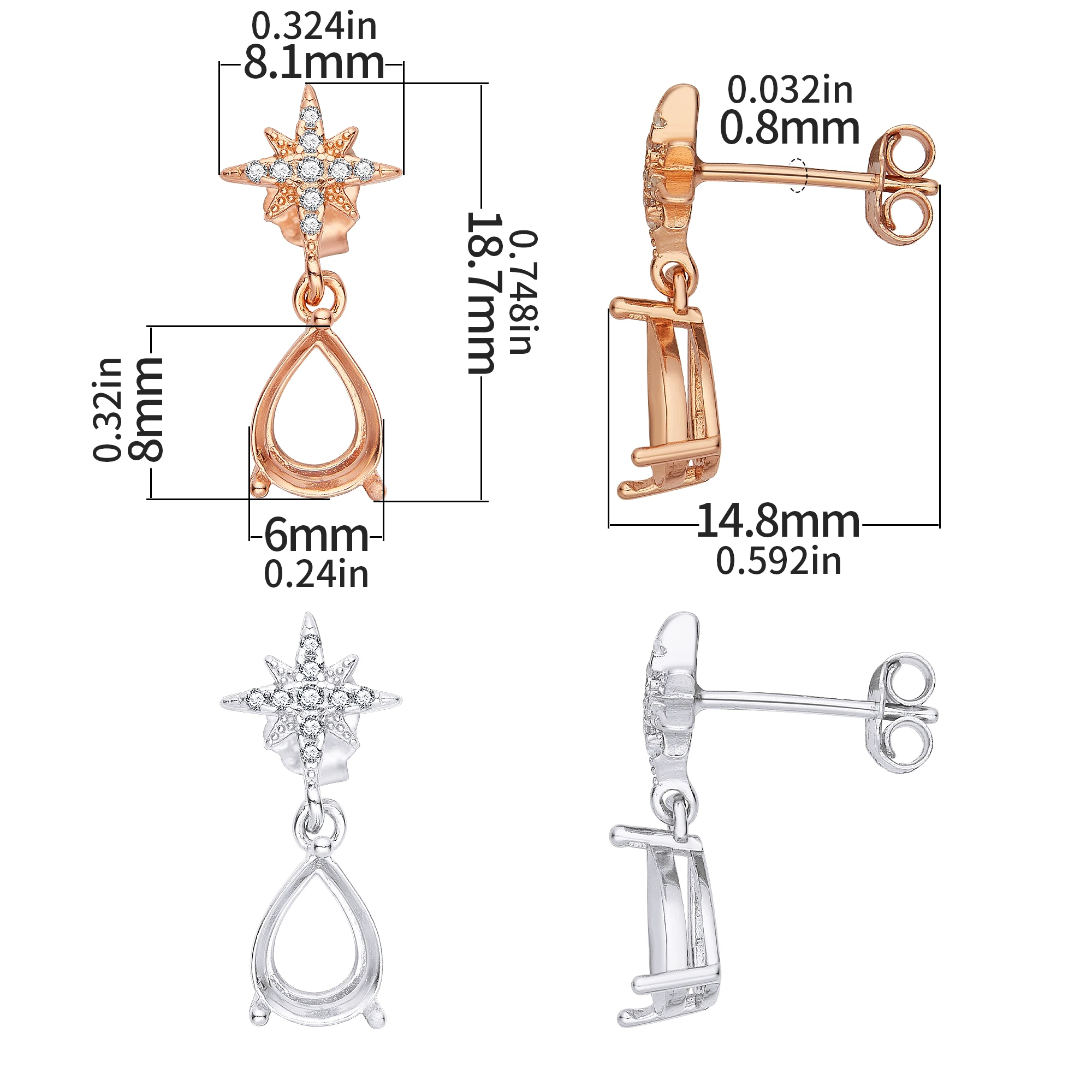 6x8MM Pear Prong Star Studs Earrings Settings,Solid 925 Sterling Silver Rose Gold Plated Earring,Vintage Styles Earrings 1706180