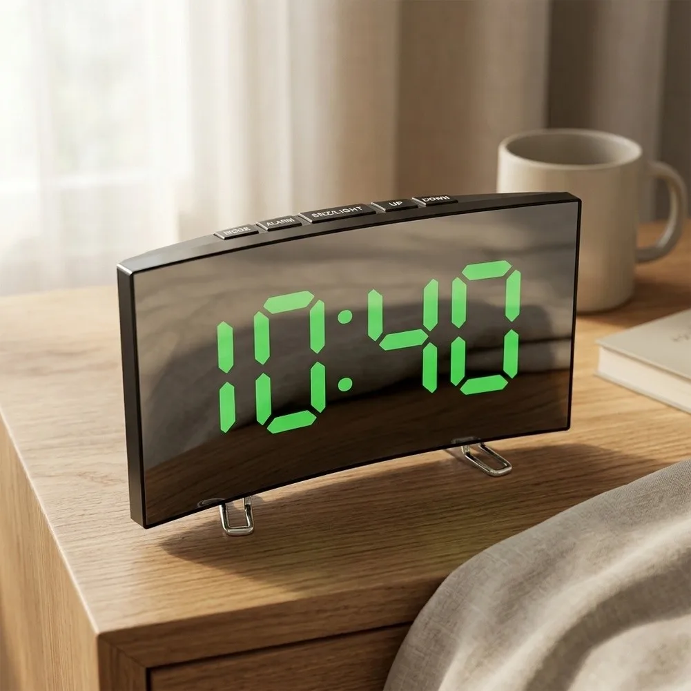 Large Display Mirror Alarm Clock with Digital LED Screen Silent Operation Temperature Readout and Flexible Alarm Configuration