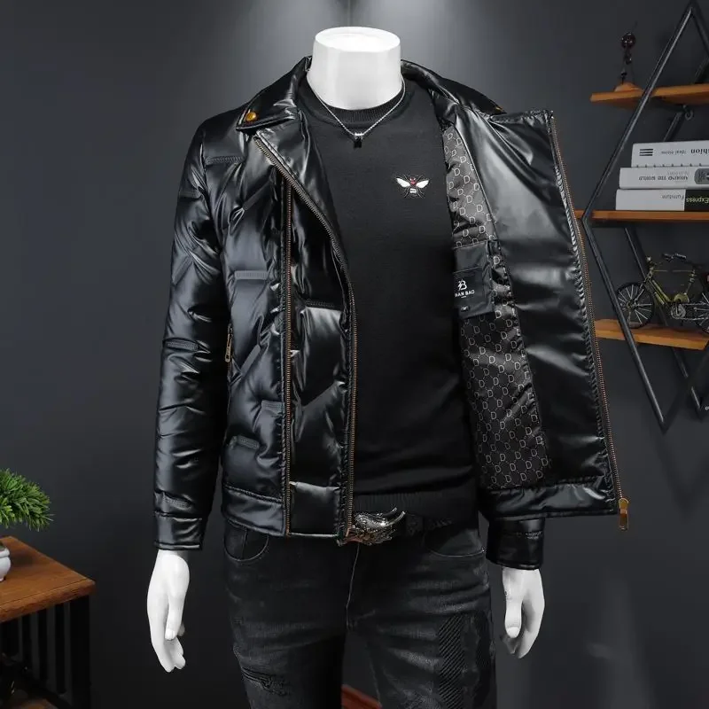 Mantel pendek terang pria, jaket Luaran parka tahan air permukaan tebal hangat untuk lelaki