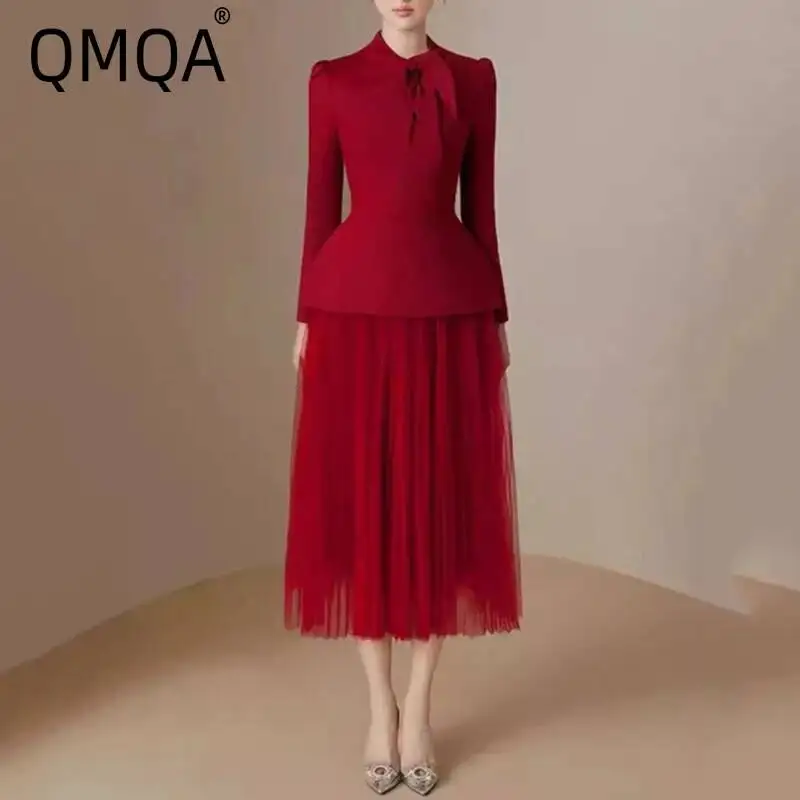 

QMQA Fashion Women's Elegant 2 Pcs Set Lace-up Waist Retraction Slim Tops Mesh Mid-calf Skirt Suit Autumn 2024 New 1A606