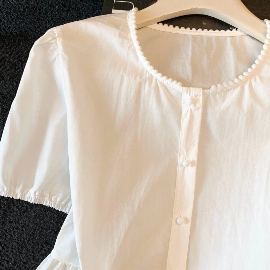 Unique Beautiful Bubble Sleeve Lace Trim Skirt Shirt Women's Summer Anti-Aging Korean Style Loose Fit Button up Short Sleeve