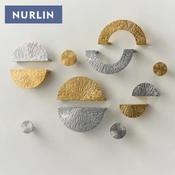 Nurlin Brass Exquisite Pattern Cabinet Knobs Wardrobe Door Half Moon Handle Gold Silver Furniture Pull