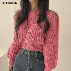 Elegant Solid Autumn Winter Sweaters Fashion Long Sleeve Pink Basic Warm Round Neck Jumpers Korean Casual Communte Knit Pullover