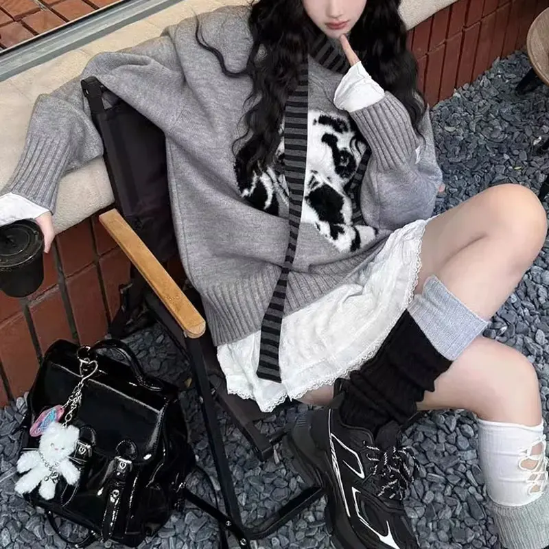 

Fashion Dog Jacquard Weave Sweaters Female Clothing Vintage O-Neck Autumn Winter New Long Sleeve Casual Korean Knitted Pullovers