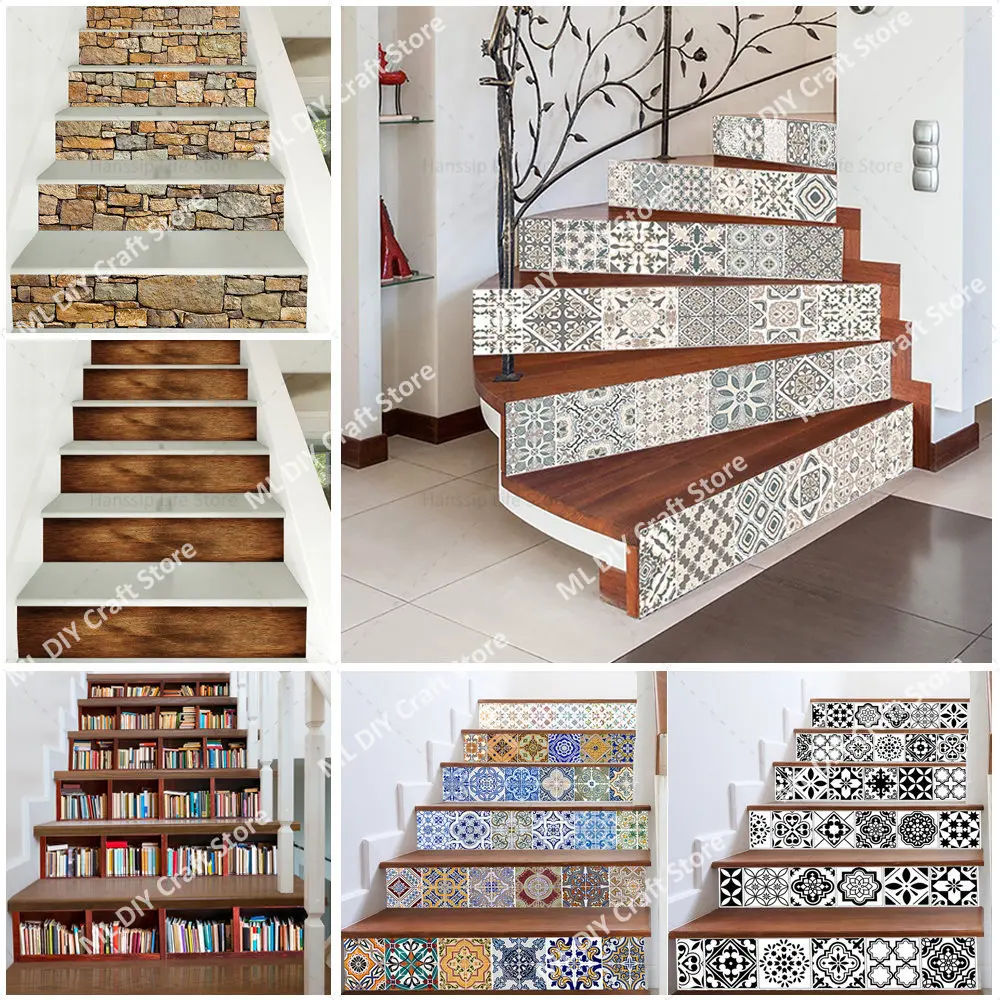 

Flower Brick Wood Grain Pattern Self Adhesive Staircase Sticker for Stairway Covering PVC Home Renovation Staircase Decor Treads