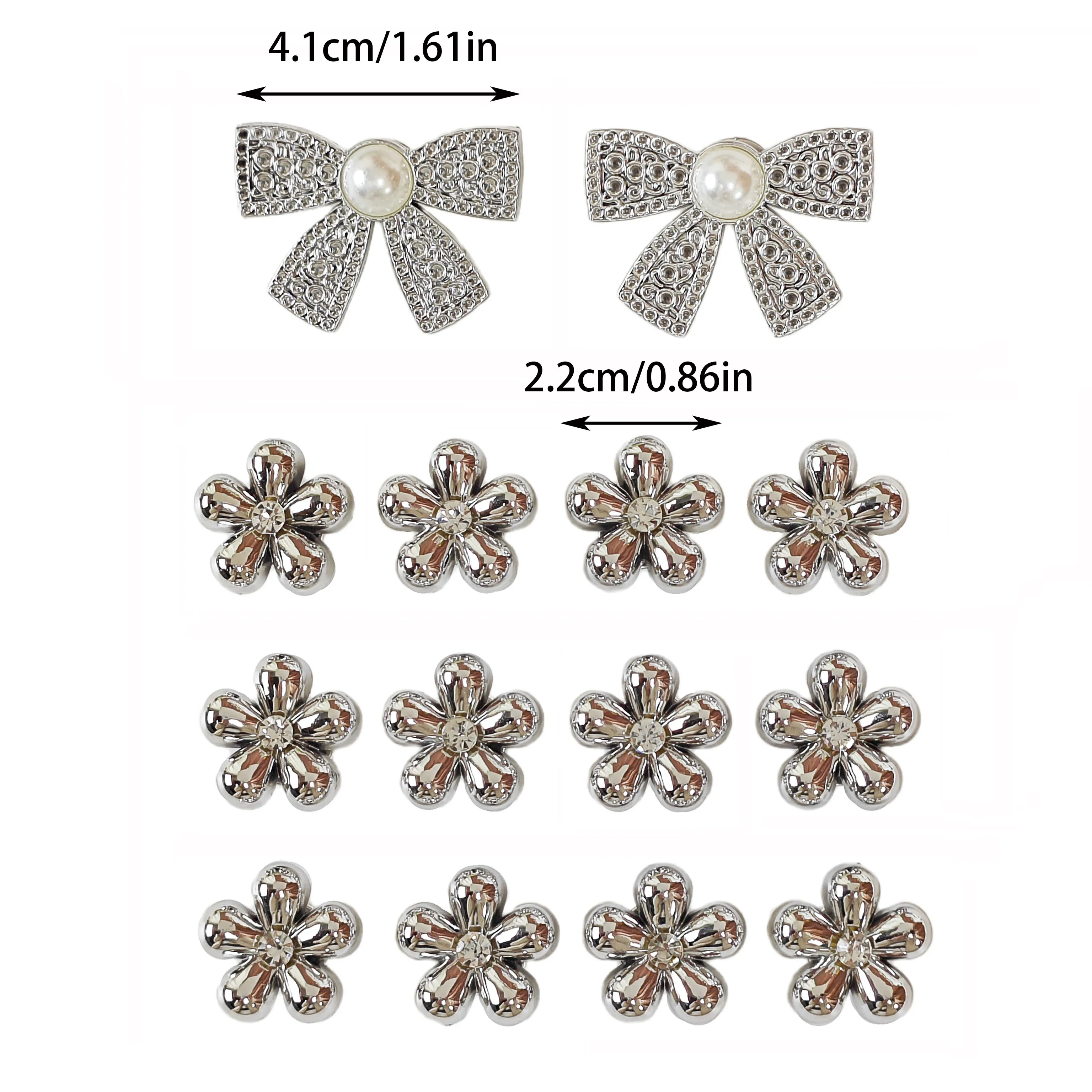 14Pcs DIY Shoe Decoration Charms, Shiny Pearl Bows, Silver Flower Decorative Buckles, Non-Metallic Lightweight Material, Y2K Fashion Versatile Cute Personality Accessories for Men and Women, Suitable for Eva Beach Shoes, Sandals, Removable Shoe Decoration, Holiday Gift