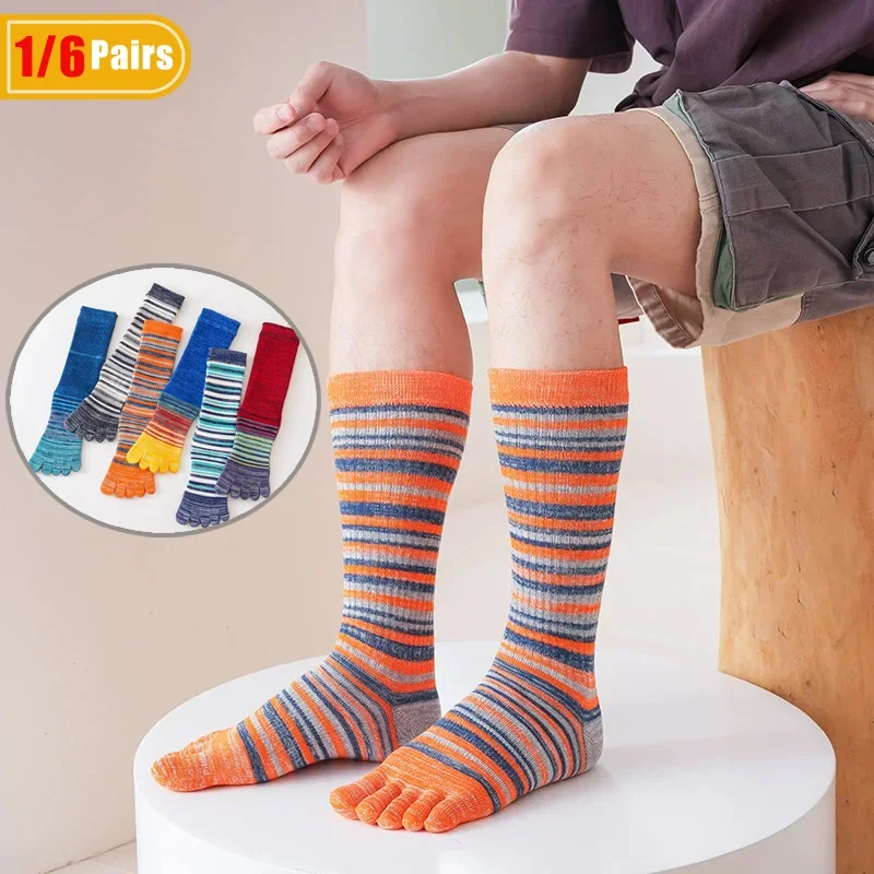 

1/6 Pairs Mans Boy Toe Socks Long Cotton Compression Colorful Striped Outdoor Hike Cycl Fitness Sport Five Finger Travel Socks