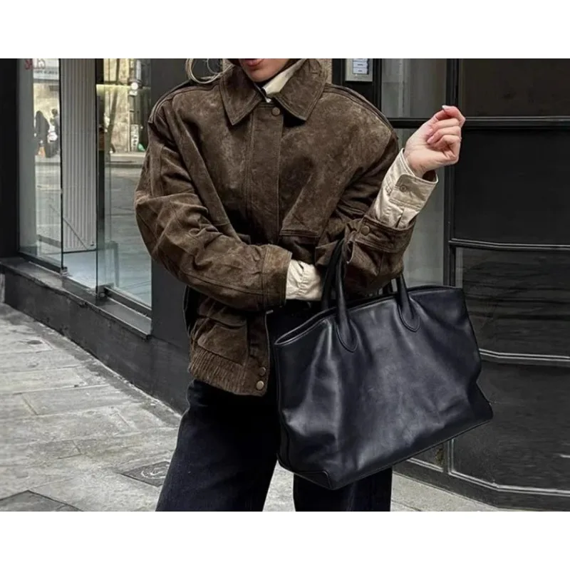 

Solid Color Faux Suede Jacket Coat Women Fashion Lapel Long Sleeve Zipper All-match Jackets Female New Trendy Streetwear Coats