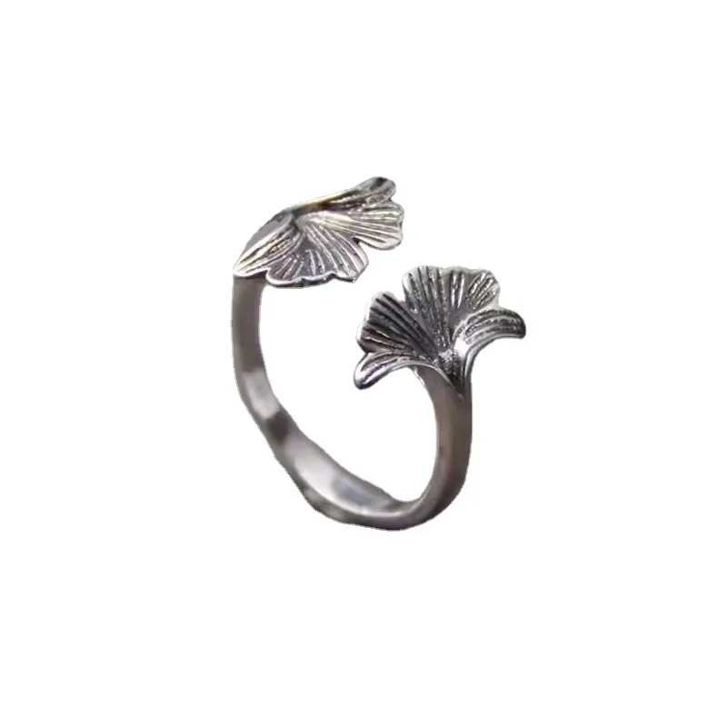 Anillos abiertos de hojas de Ginkgo Biloba para mujer, Plata de Ley 925, accesorios de joyería de lujo Para Boda y