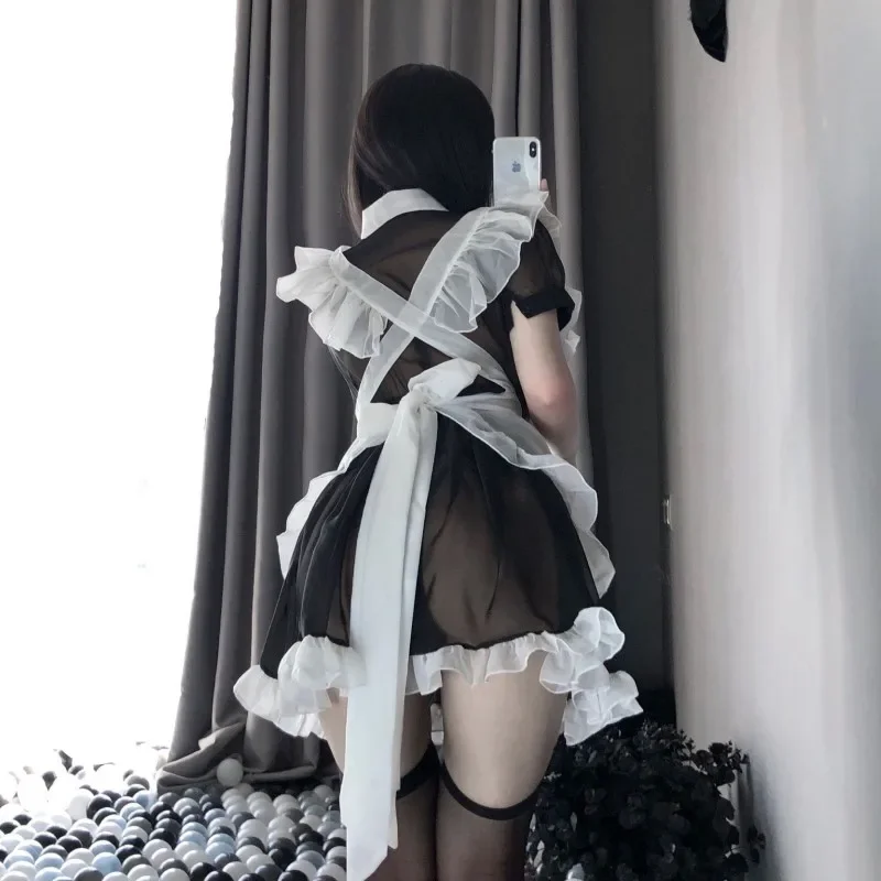 Traje de sirvienta Lolita, uniforme, lencería Sexy para mujer, vestido de sirvienta transparente, delantal francés con bragas, conjunto de disfraz de Cosplay