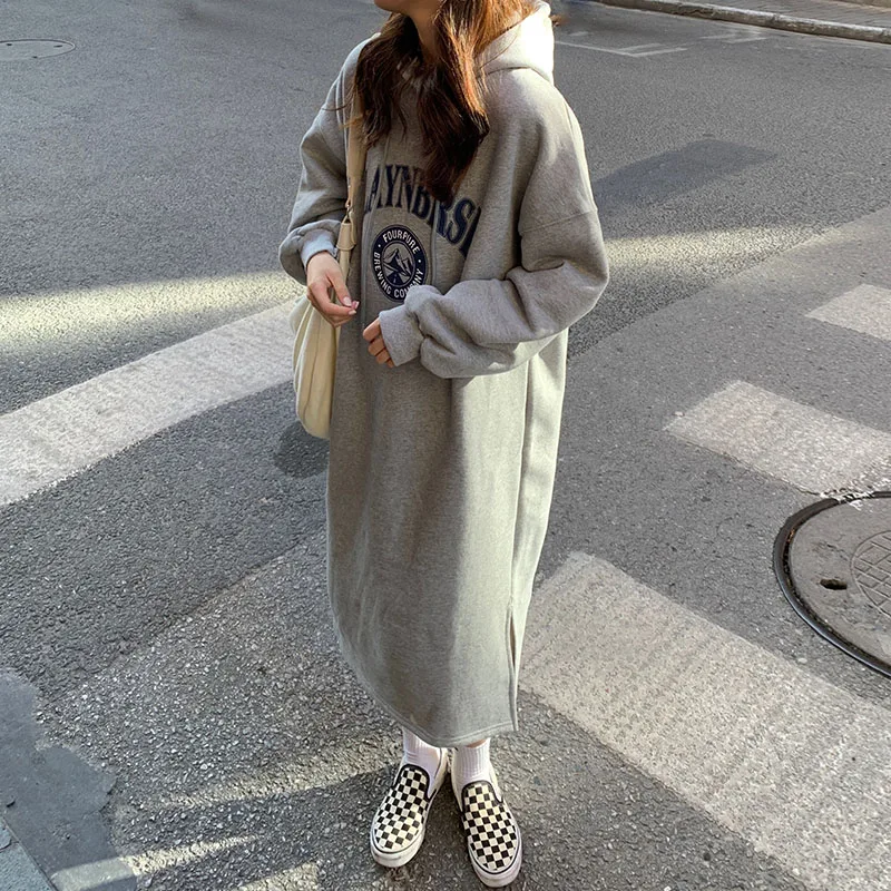 فستان نسائي بقلنسوة من الصوف السميك من Kot طويل فوق الركبة على الطراز الكوري ملابس خارجية غير رسمية مطبوعة للتنقل