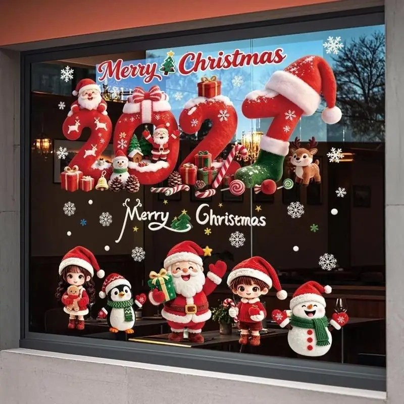 2027 Christmas Window Clings Santa Sleigh Reindeer Gingerbread Snowman Snowflake Stickers Mall Shop Window Glass Holiday Decor