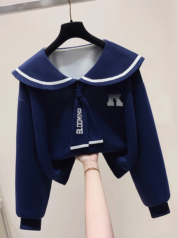 

Spring Autumn New Fashionable Long Sleeve Navy Collar Hoodless Sweatshirt Loose Lazy College Style Jacket for Big Kids Women