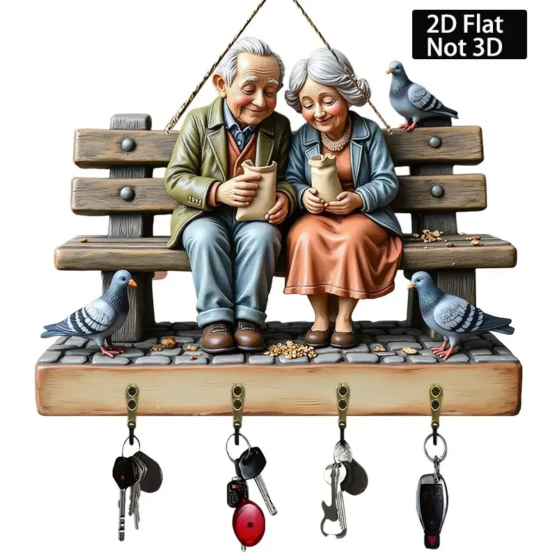 2D Flat, 2D Flat Wall-Mounted Key Holder with Wooden Scene - Elderly Couple and Pigeon Design, 4 Metal Hooks, 11.81
