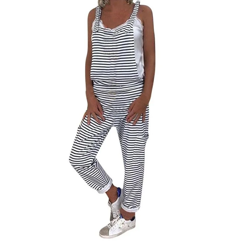 Women Tassel Drawstring Long oversized Jumpsuits 2023 Striped Print Pocket Overalls Summer Loose Casual Female Jumpsuit Stylish
