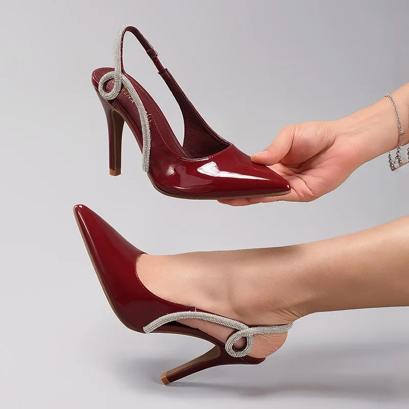 Sexy Patent Leather Pointed Toe Heeled Sandals Woman Luxury Rhinestone Back Strap Design White Wedding Heels Sandalias De Mujer