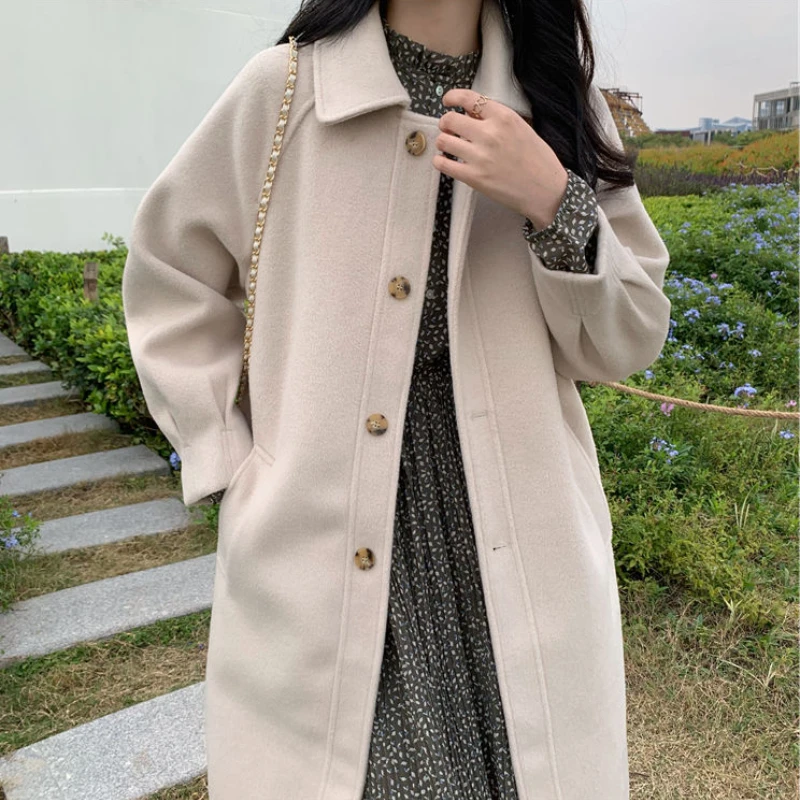 Korean Style Fashion Cotton Wool Coat Women's Classic University Style Single Row Button Autumn and Winter Women's Woolen Coat