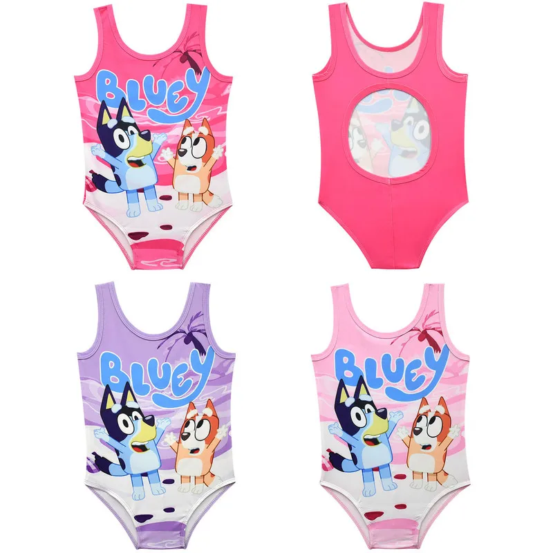 Bluey Family Cartoon Pattern One-piece Swimsuit Summer Children's Swimsuit Girls' Vest One-piece Swimsuit Back Hollow Design