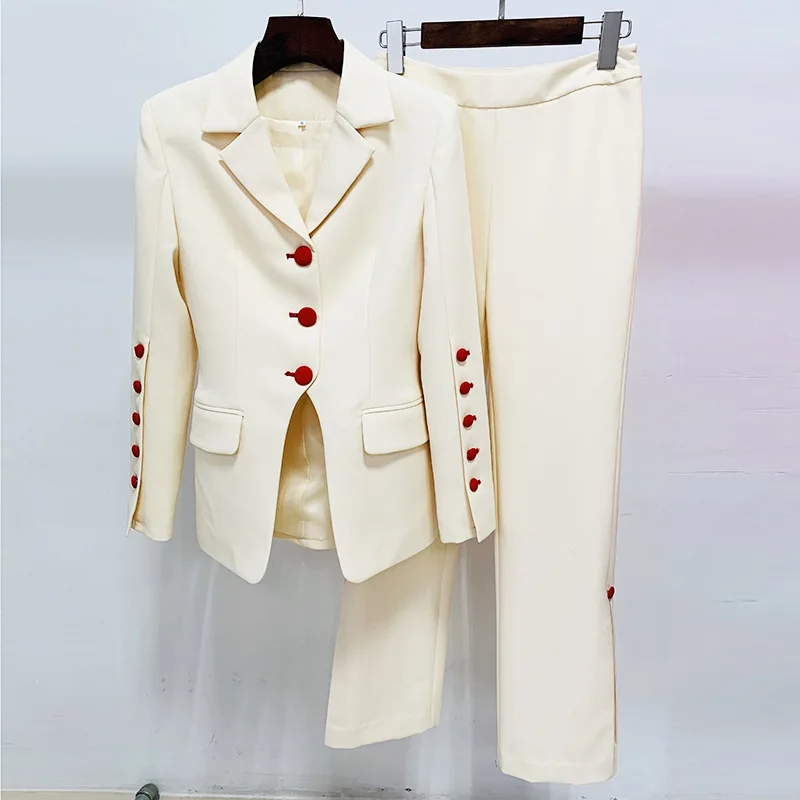 Conjuntos de dos piezas Blazer Pantalones Beige Mujer Oficina Botonadura roja Botón personalizado Sastrería Blazer Trajes de pantalón Traje formal