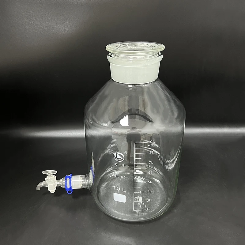 

SHUNIU Laboratory aspirator bottle 10000mL,Wide mouth,Clear with tick marks,With ground-in glass stopper and stopcock