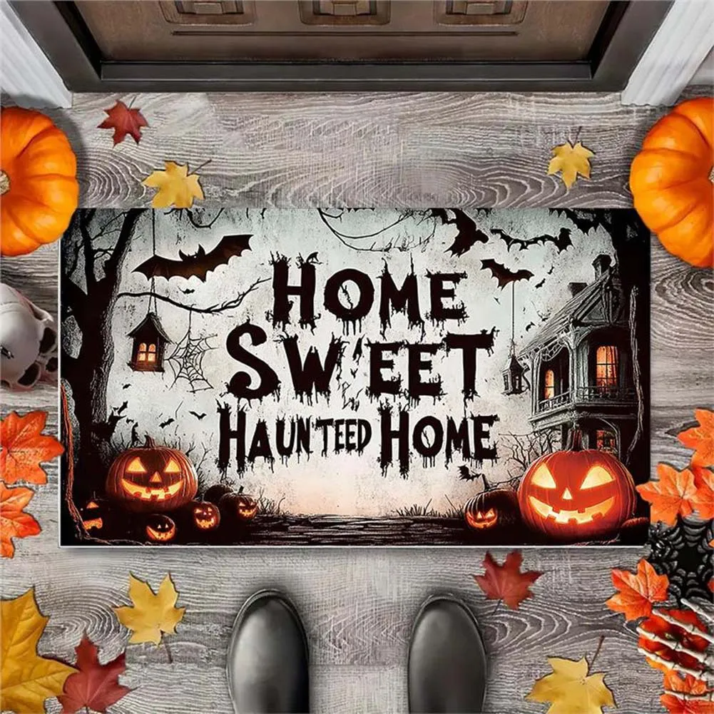 Halloween Home Doormat Scary Haunted House Pumpkin Bat Pattern Non Slip Washable Front Entrance Floor Rug Holiday Home Decor
