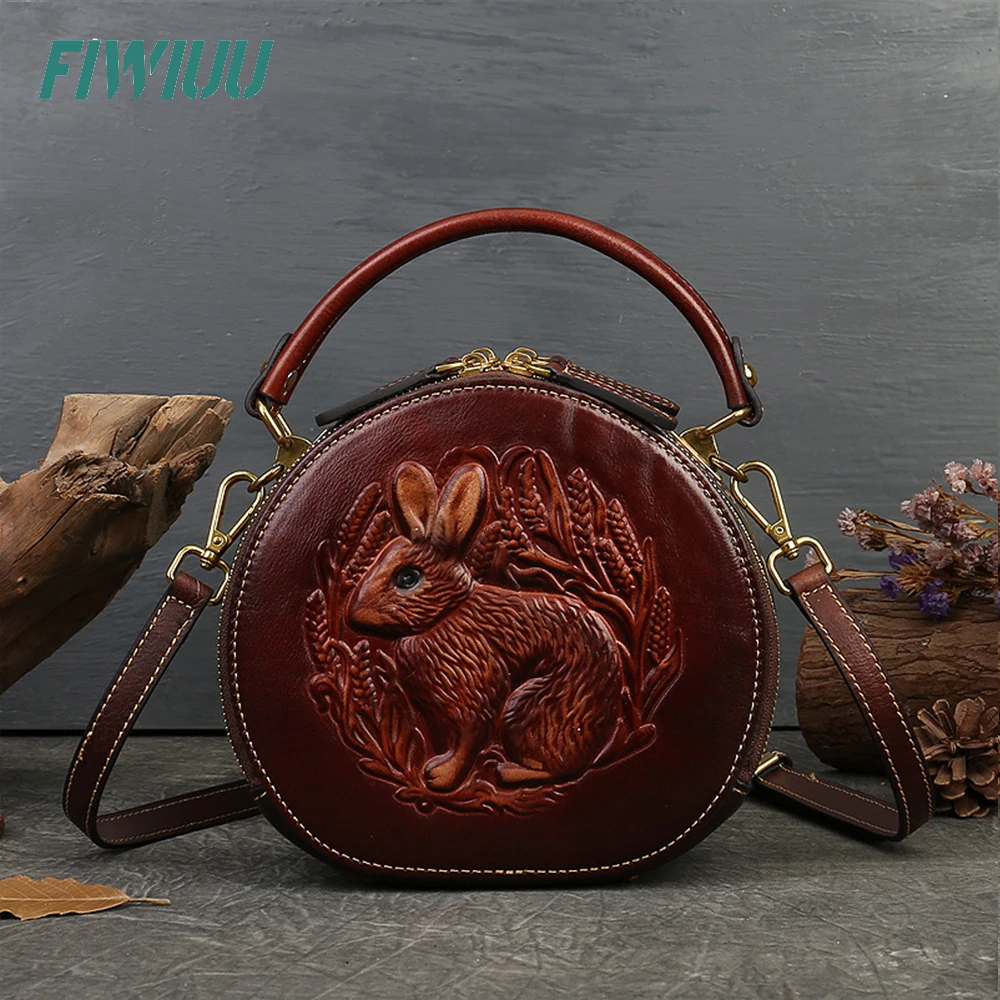 FIWIUU Women\'s Round Bag Vintage Crossbody Bag Worn-out Cowhide Rabbit Embossed Handbag Mini Shoulder Bag Clutch With Top-handle