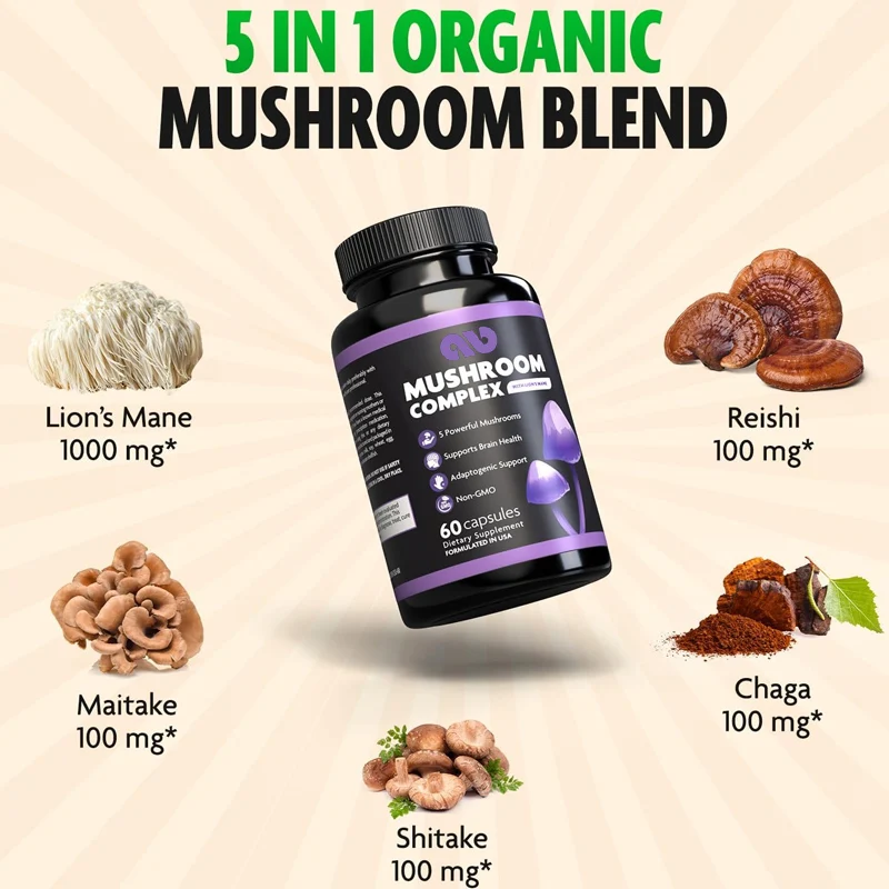 

5-in-1 Organic Mushroom Complex - Non GMO and Vegetarian Lion Mane Mushroom Supplement, 60 Capsules