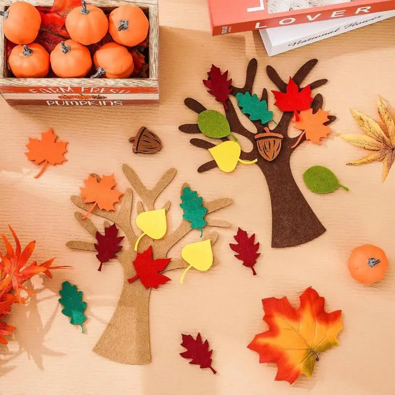 48Pcs Felt Tree DIY Craft Kit Autumn Leaf Non Woven Ornament Reusable Wall Hanging Decor For Thanksgiving Home Party
