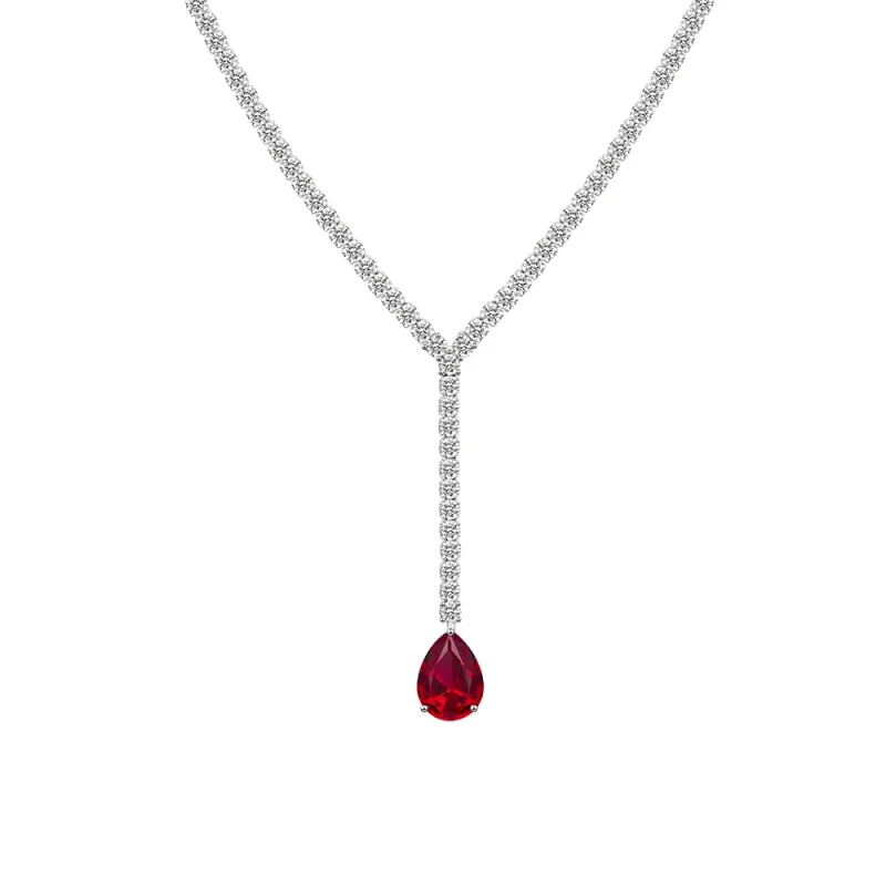 CAMEO Fashion Jewelry 925 Silver Gold Plated Synthetic Zircon Ruby Sapphire Water Drop Y-shaped Red Blue Necklace