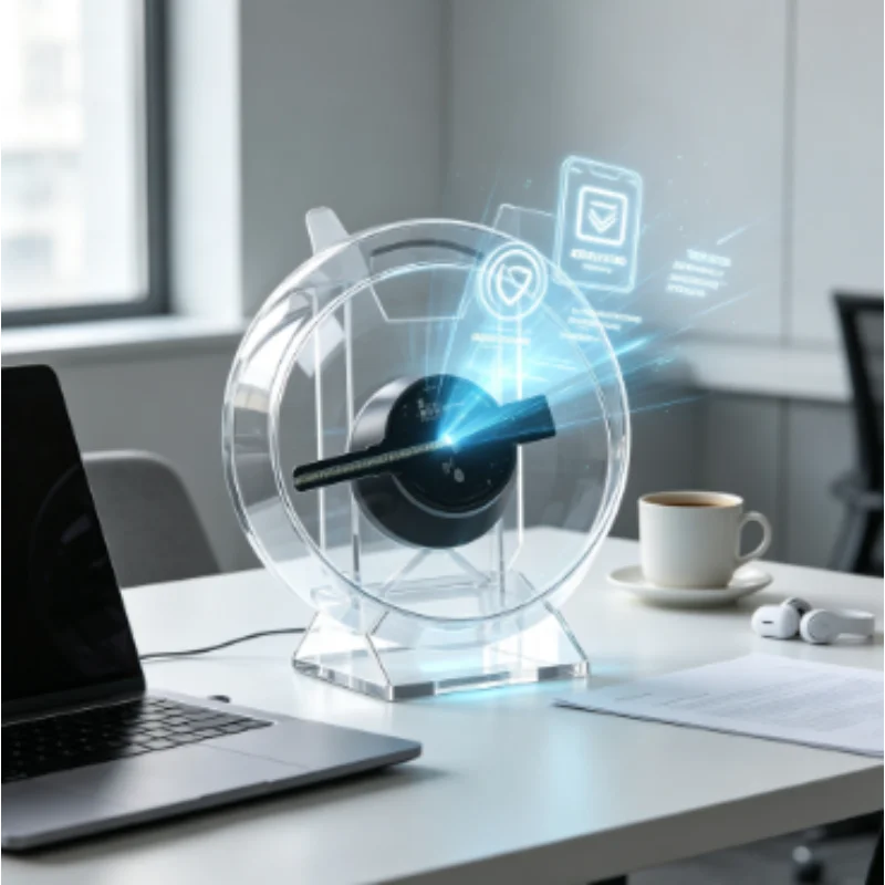 3D Holographic Fan LED Lights, Advertising Display Screen with Audio Playback, Transparent Cover Desktop Model for Business Shop