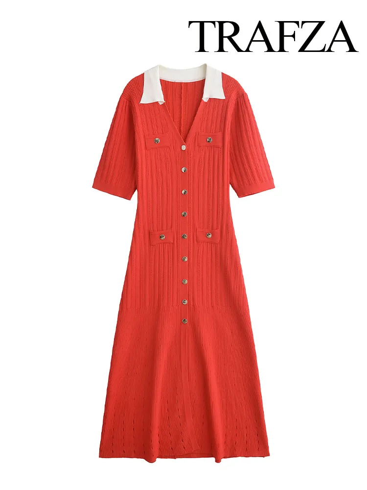 TRAFZA Summer New Fashion Women Dresses Turndown Collar Short Sleeves Pullover Knit Female Hollow Decoration Casual Midi Dress