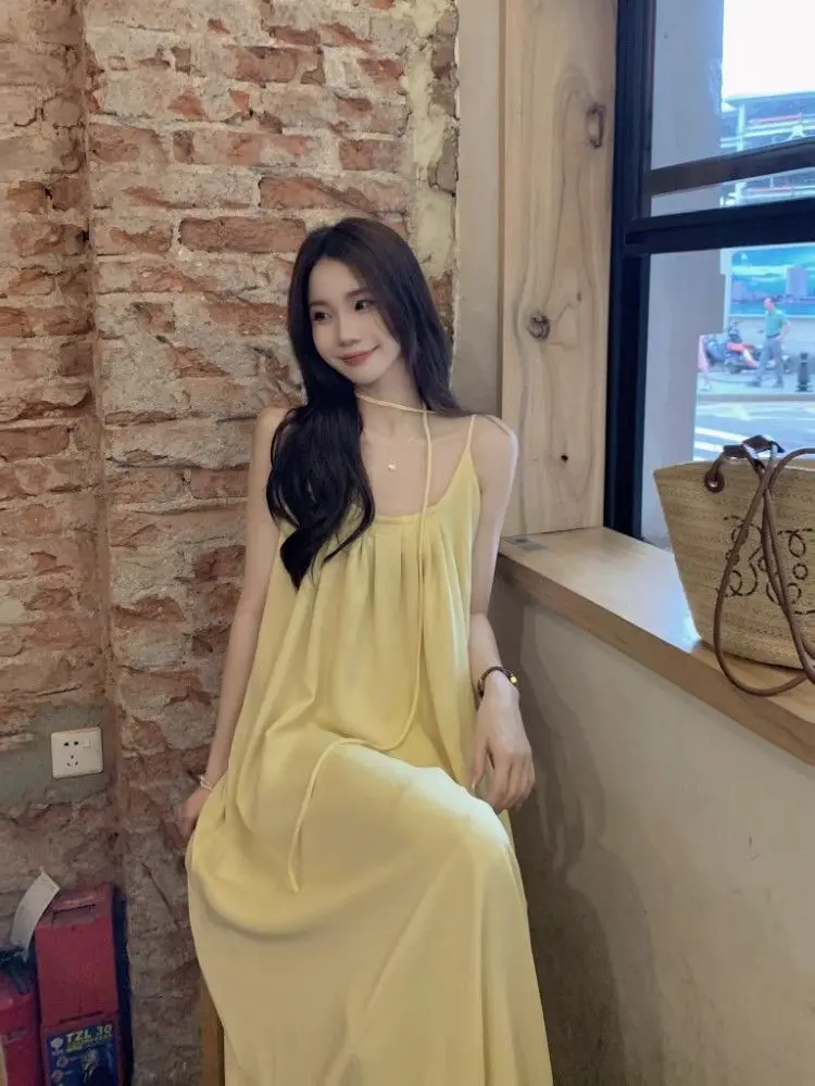

Seaside vacation yellow suspender dress summer women's loose skirt dress for women sexy dress dresses