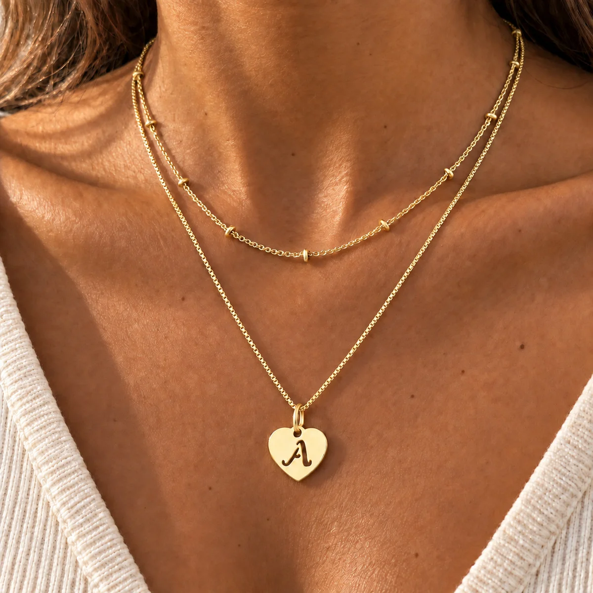 Initial Charm Layered Stainless Steel Gold Plated Letter Necklace for Women Men With Heart Beaded Chain Detail Fashion Accessory