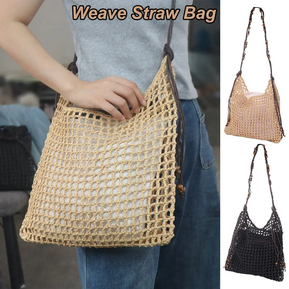 

Повседневная большая вместительная соломенная сумка из лафита, сумка-тоут ручной работы на шнурке, модная женская тканая сумка из дерева и бисера и травы