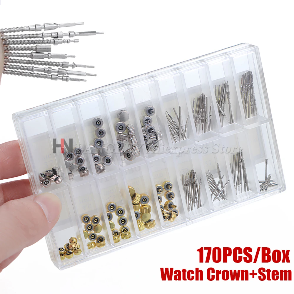 Watch Crowns Watch Stem Extender+Crowns Accessory Repair Replacement Tool Kit with Box Watch Extension for Watchmaker 170Pcs/Box