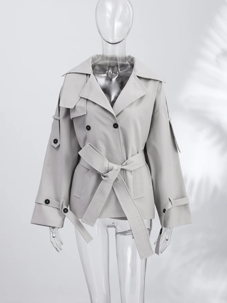 Damenjacke mit Taschen, Umlegekragen, Doppelreihig, Schnürung, Langarm, Locker Geschnitten, High-Street Casual Damenmantel 2026 Herbst