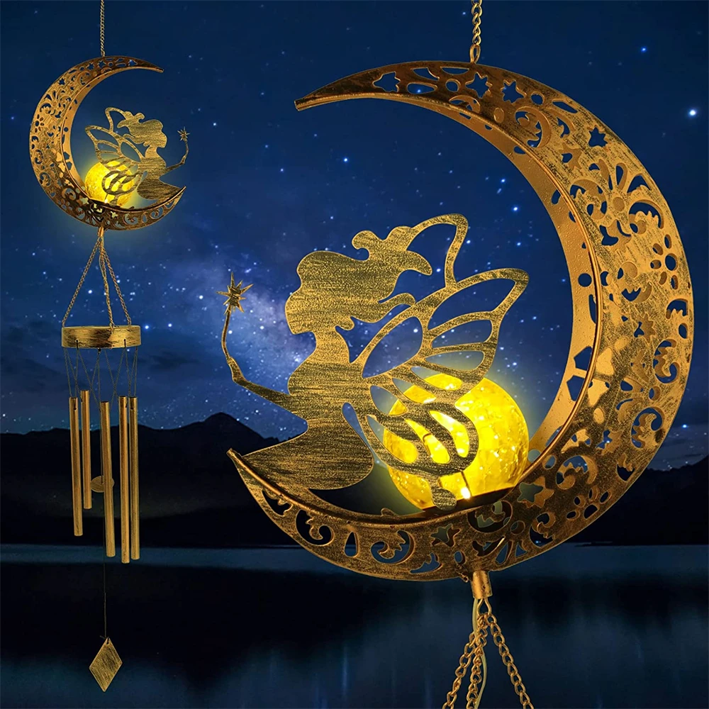 Retro Iron Fairy LED Wind Chimes Lights Solar Moon Sun Stars Hangings Lamp for Christmas Wedding Easter Party Home Outdoor Decor