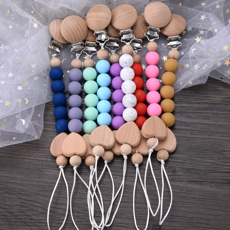 Baby Pacifier Clips Silicone Teething Beads Holder for Pacifiers Nipple Clip Chain Heart Wooden Beads Teethers Toy Accessories