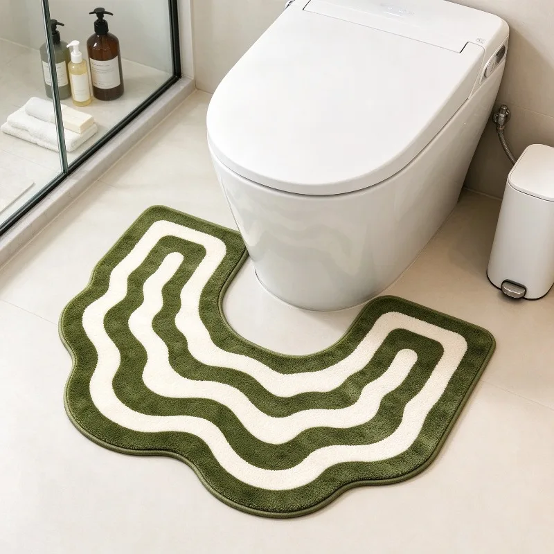 Vintage Green Wavy U-Shaped Toilet Contour Mat Minimalist Striped Bathroom Decor Rug Soft Plush Washable Bath Carpet Creative